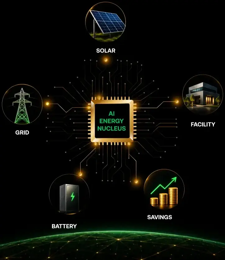 AI energy nucleus diagram: solar, grid, battery, facility and savings around a central AI chip